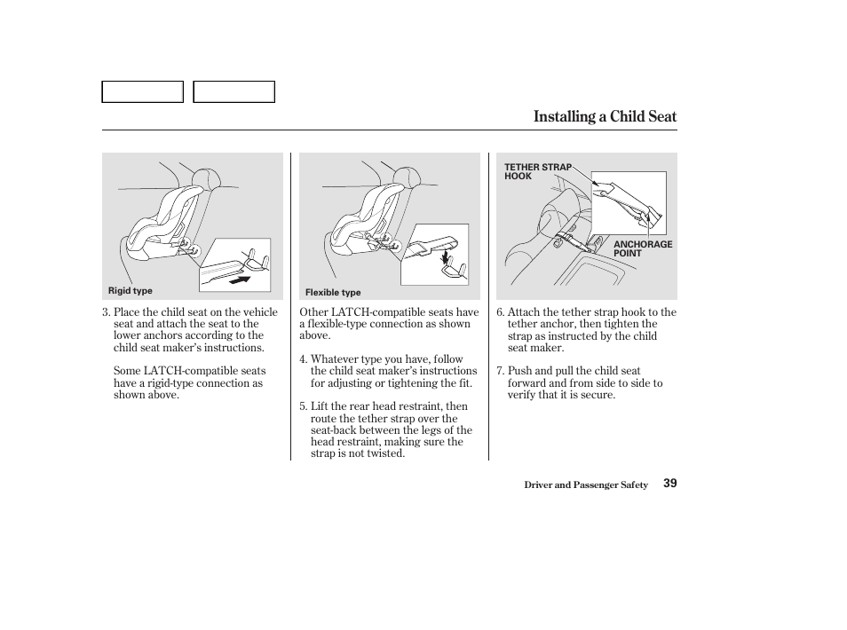 Installing a child seat | HONDA 2004 Civic Sedan - Owner's Manual User Manual | Page 42 / 224