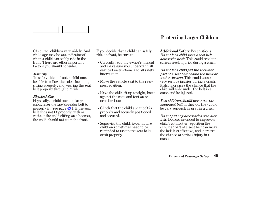 Protecting larger children | HONDA 2004 Civic Sedan - Owner's Manual User Manual | Page 48 / 224