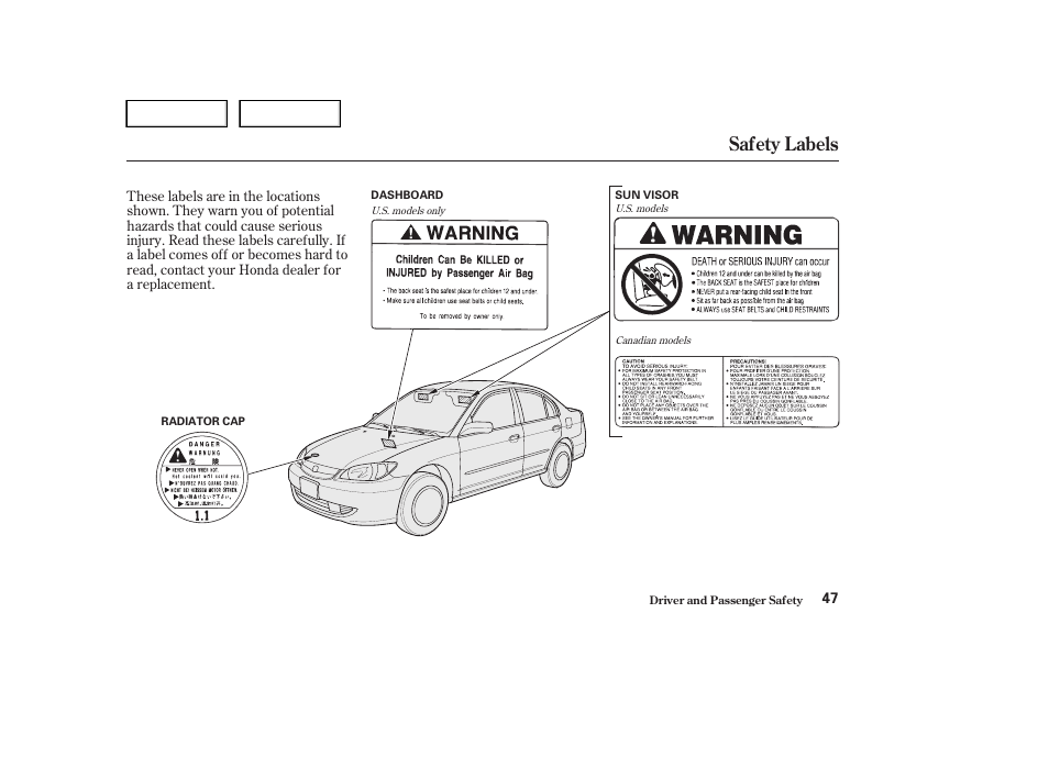 Safety labels | HONDA 2004 Civic Sedan - Owner's Manual User Manual | Page 50 / 224