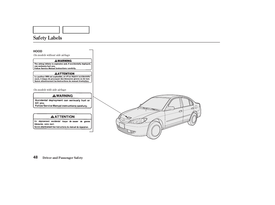 Safety labels | HONDA 2004 Civic Sedan - Owner's Manual User Manual | Page 51 / 224