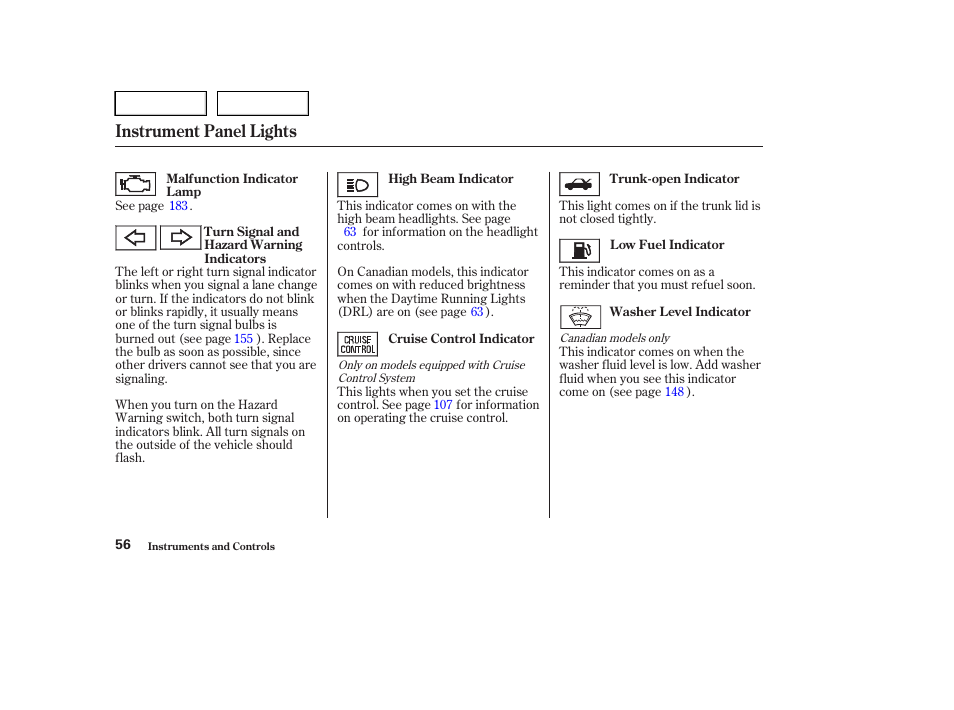 Instrument panel lights | HONDA 2004 Civic Sedan - Owner's Manual User Manual | Page 59 / 224