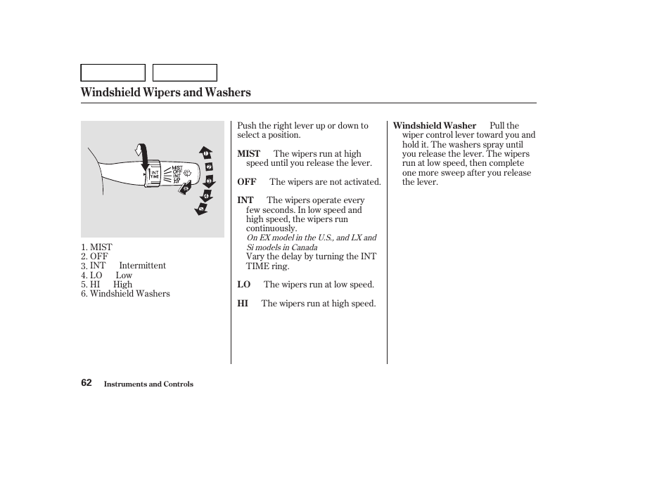 Windshield wipers and washers | HONDA 2004 Civic Sedan - Owner's Manual User Manual | Page 65 / 224