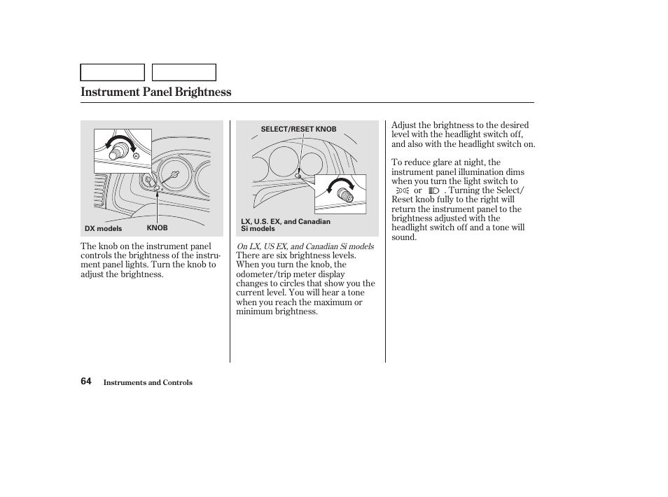 Instrument panel brightness | HONDA 2004 Civic Sedan - Owner's Manual User Manual | Page 67 / 224