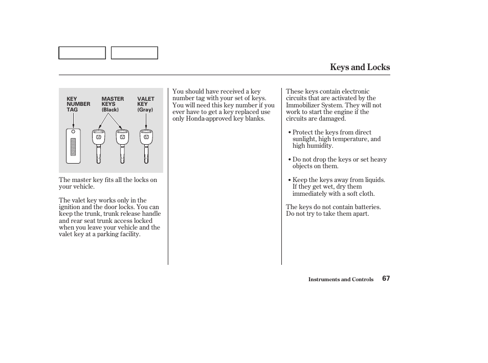 Keys and locks | HONDA 2004 Civic Sedan - Owner's Manual User Manual | Page 70 / 224