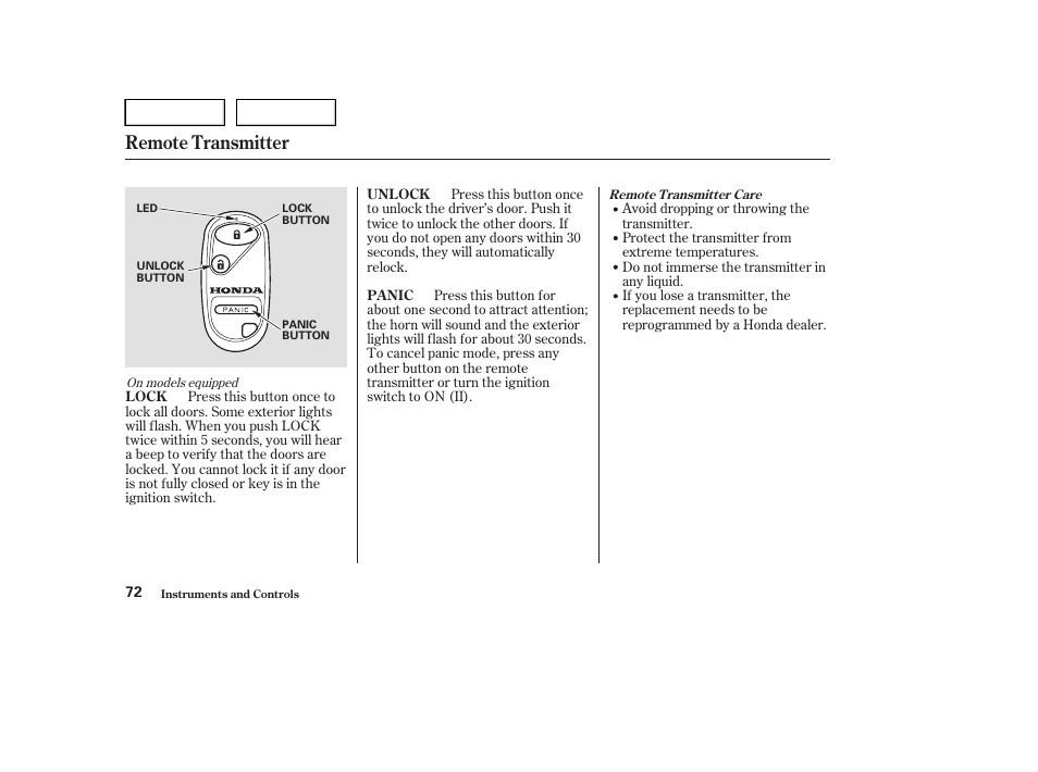 Remote transmitter | HONDA 2004 Civic Sedan - Owner's Manual User Manual | Page 75 / 224