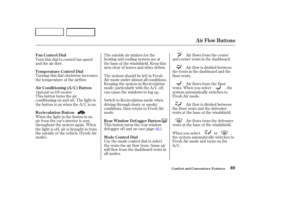 Air flow buttons | HONDA 2004 Civic Sedan - Owner's Manual User Manual | Page 92 / 224