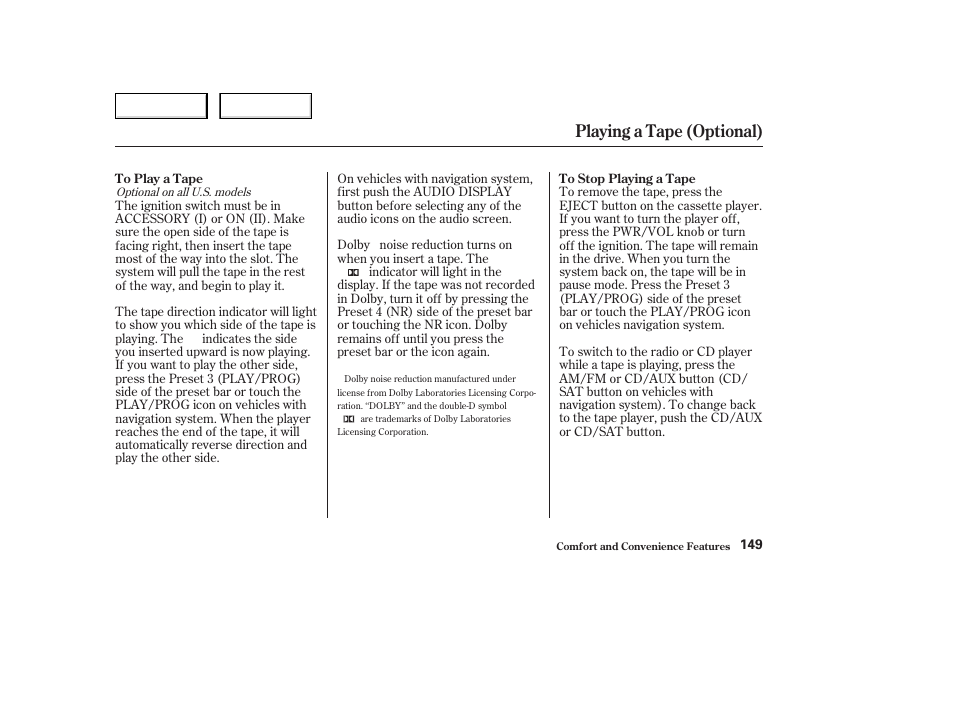 Playing a tape (optional) | HONDA 2004 Civic Coupe - Owner's Manual User Manual | Page 152 / 317