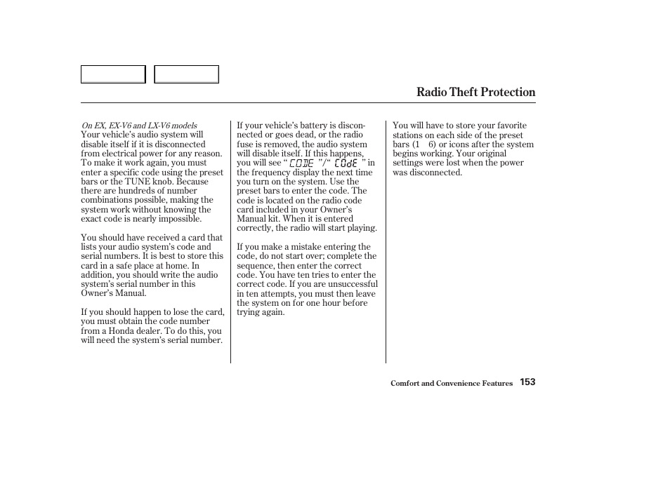 Radio theft protection | HONDA 2004 Civic Coupe - Owner's Manual User Manual | Page 156 / 317