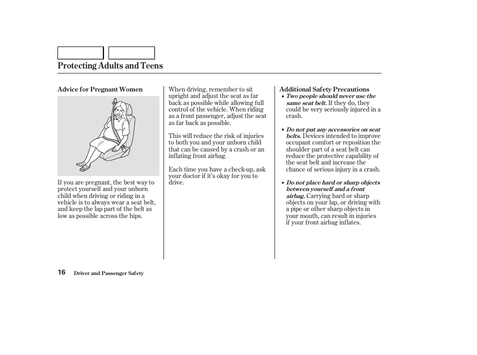 Protecting adults and teens | HONDA 2004 Civic Coupe - Owner's Manual User Manual | Page 19 / 317