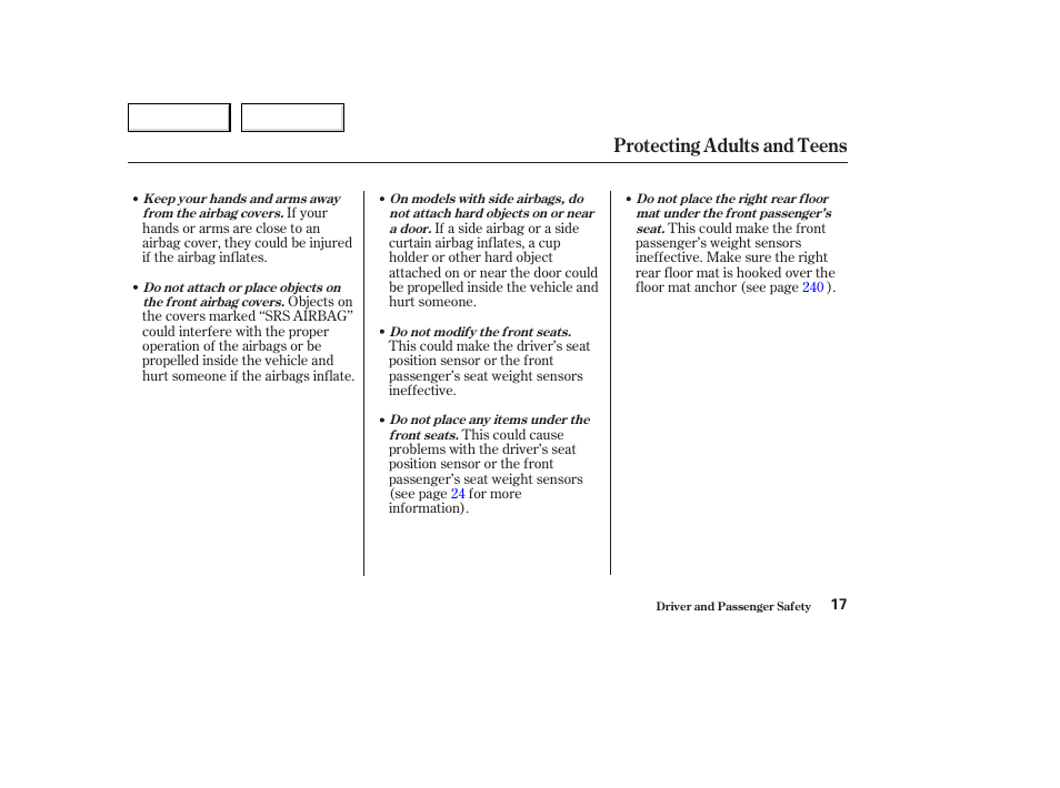 Protecting adults and teens | HONDA 2004 Civic Coupe - Owner's Manual User Manual | Page 20 / 317