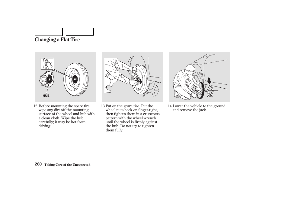 Changing a flat tire | HONDA 2004 Civic Coupe - Owner's Manual User Manual | Page 263 / 317