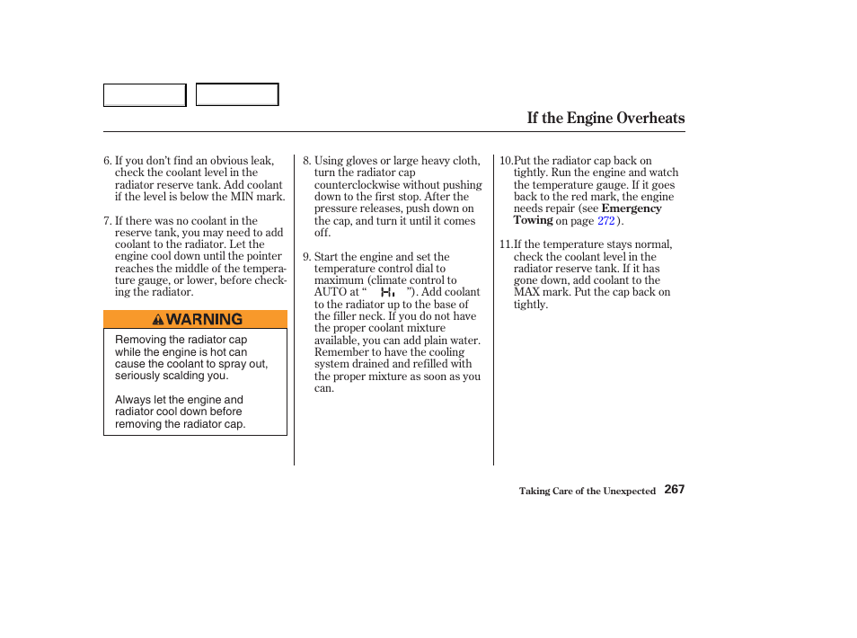 If the engine overheats | HONDA 2004 Civic Coupe - Owner's Manual User Manual | Page 270 / 317