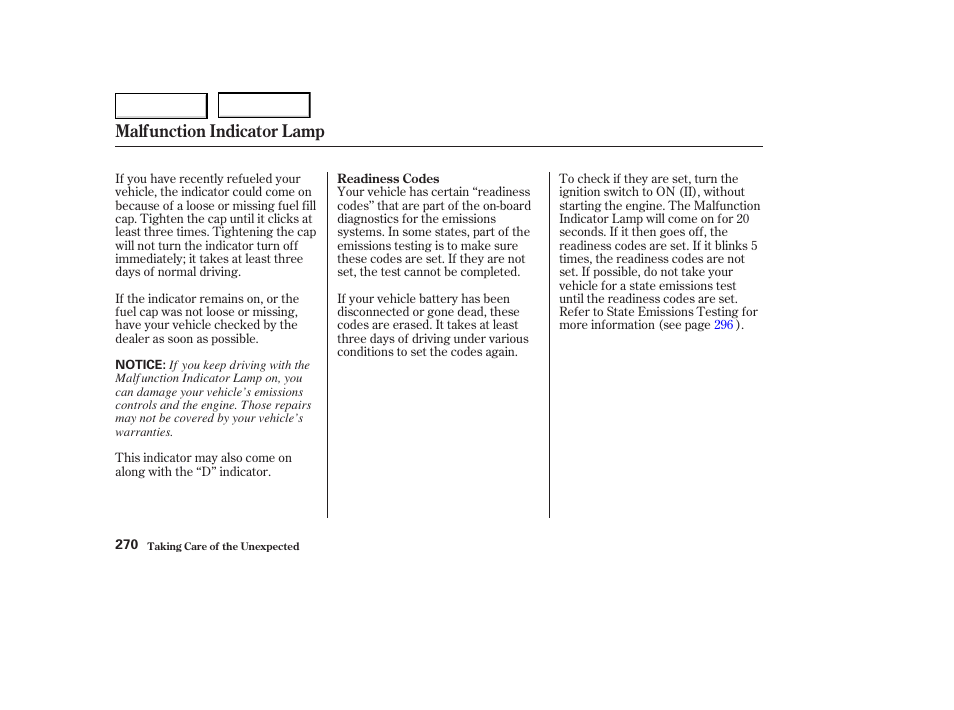 Malfunction indicator lamp | HONDA 2004 Civic Coupe - Owner's Manual User Manual | Page 273 / 317