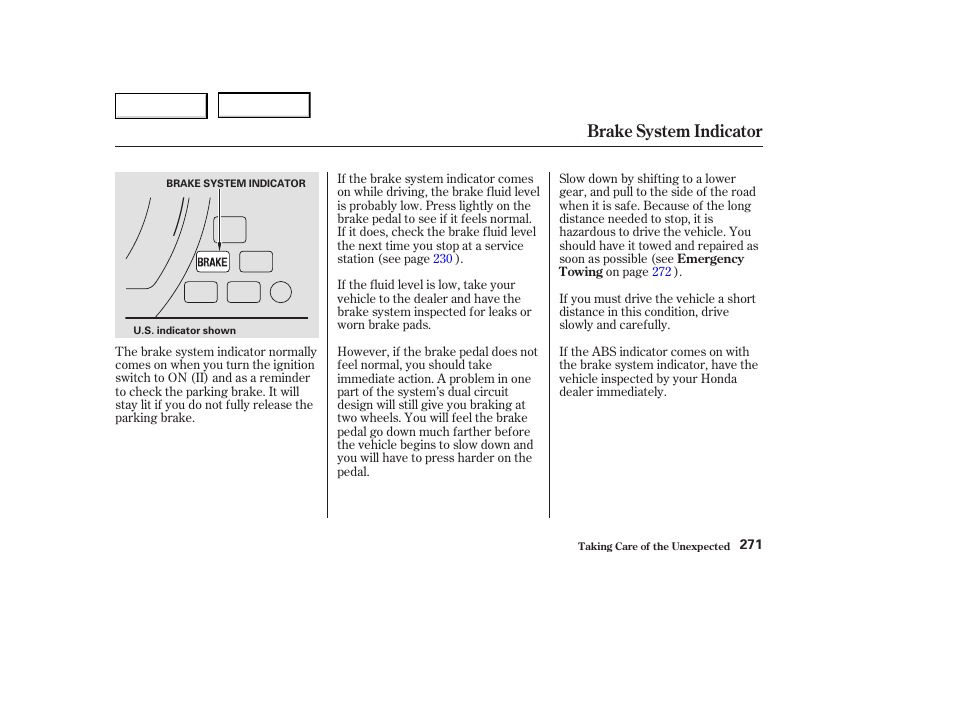 Brake system indicator | HONDA 2004 Civic Coupe - Owner's Manual User Manual | Page 274 / 317