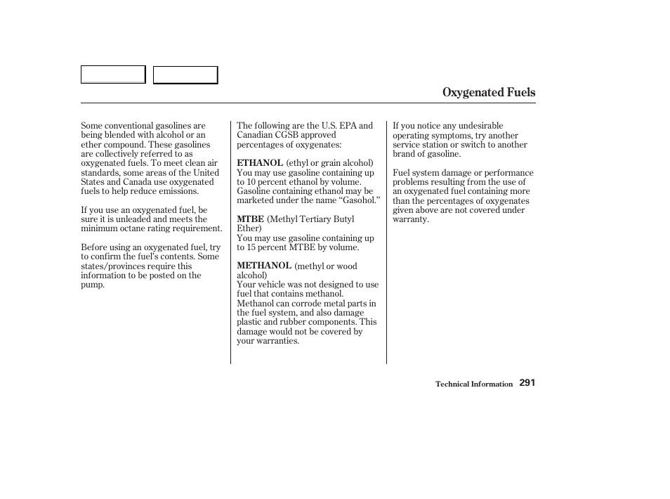 Oxygenated fuels | HONDA 2004 Civic Coupe - Owner's Manual User Manual | Page 294 / 317