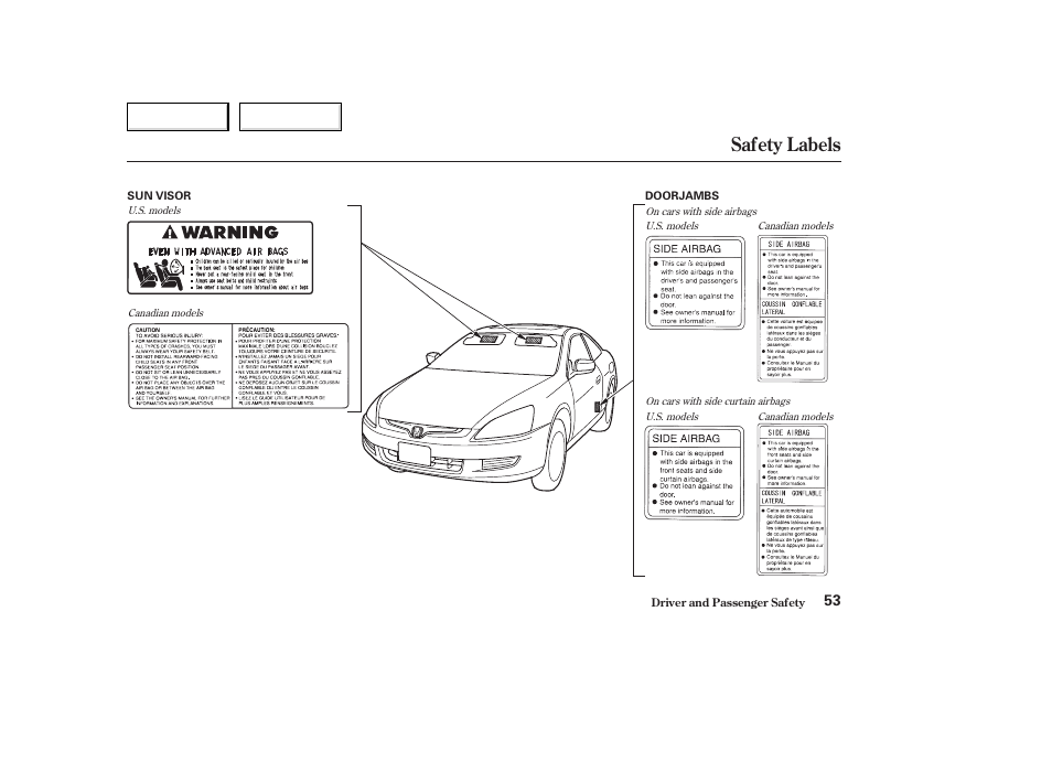 Safety labels | HONDA 2004 Civic Coupe - Owner's Manual User Manual | Page 56 / 317