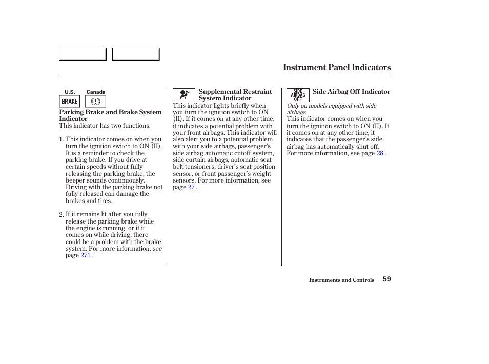 Instrument panel indicators | HONDA 2004 Civic Coupe - Owner's Manual User Manual | Page 62 / 317