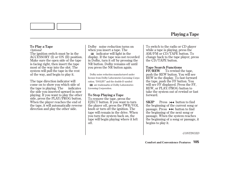 Playing a tape | HONDA 2004 Civic Hybrid - Owner's Manual User Manual | Page 108 / 231