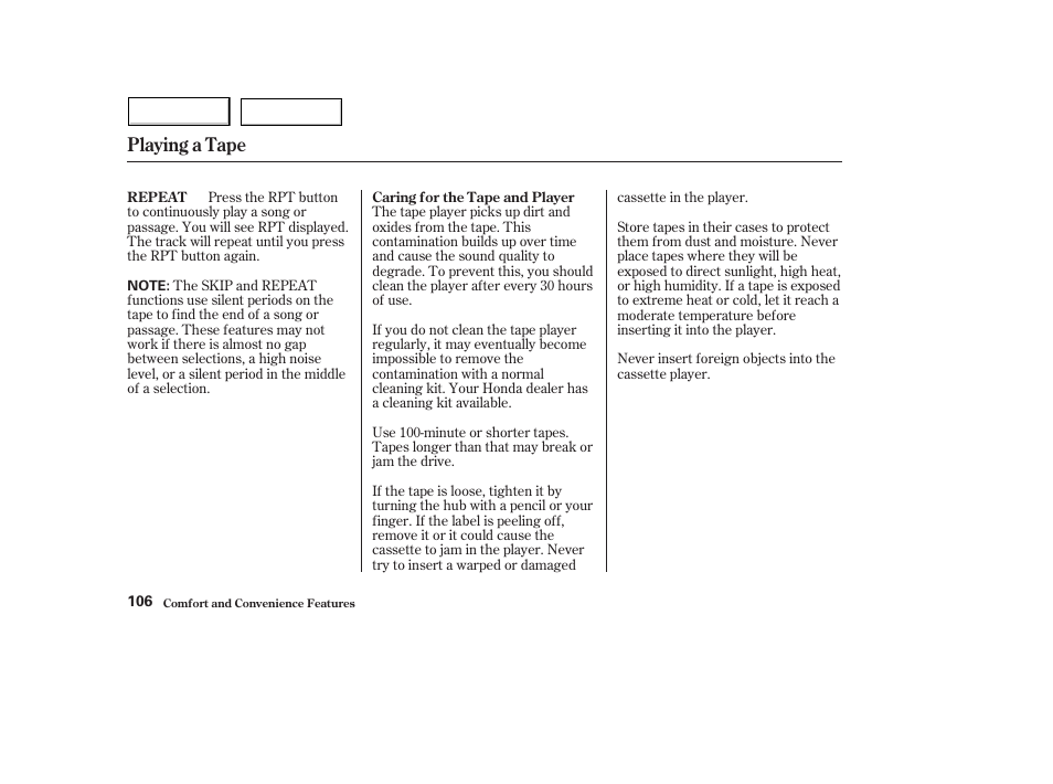 Playing a tape | HONDA 2004 Civic Hybrid - Owner's Manual User Manual | Page 109 / 231