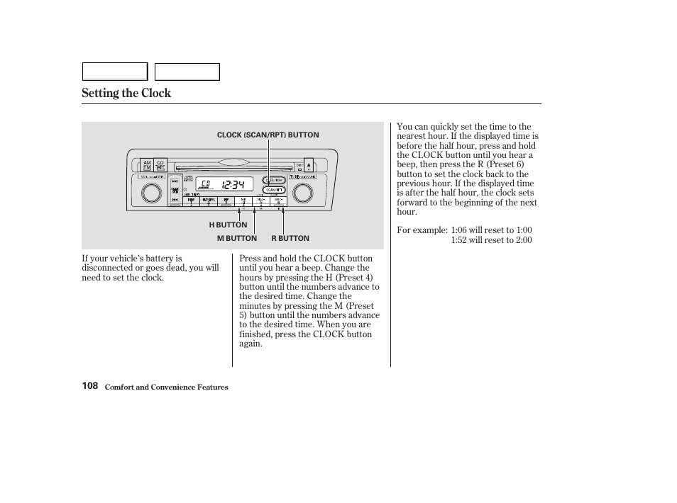 Setting the clock | HONDA 2004 Civic Hybrid - Owner's Manual User Manual | Page 111 / 231