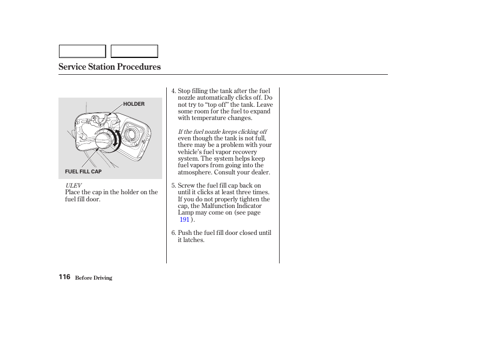 Service station procedures | HONDA 2004 Civic Hybrid - Owner's Manual User Manual | Page 119 / 231