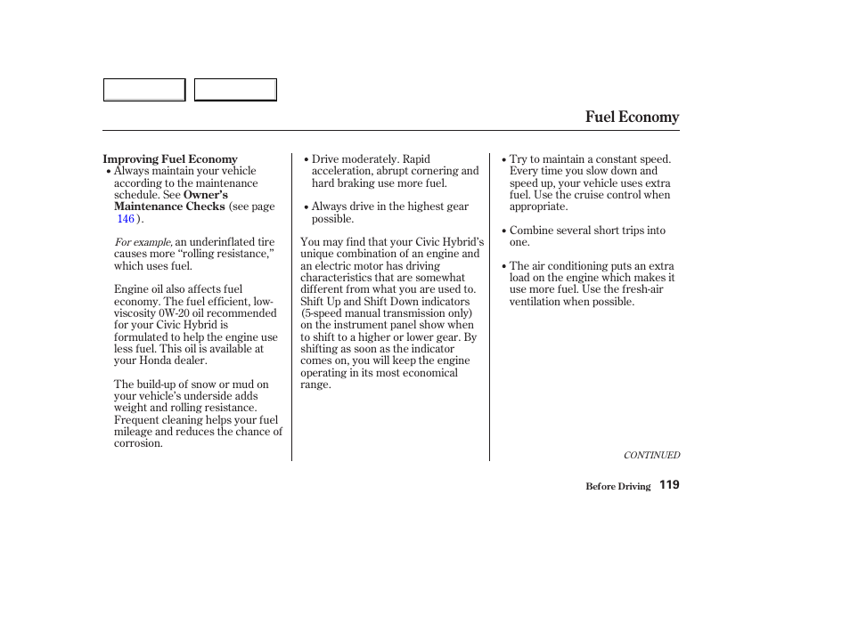 Fuel economy | HONDA 2004 Civic Hybrid - Owner's Manual User Manual | Page 122 / 231