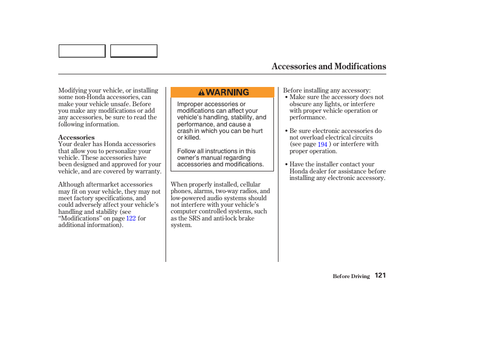 Accessories and modifications | HONDA 2004 Civic Hybrid - Owner's Manual User Manual | Page 124 / 231