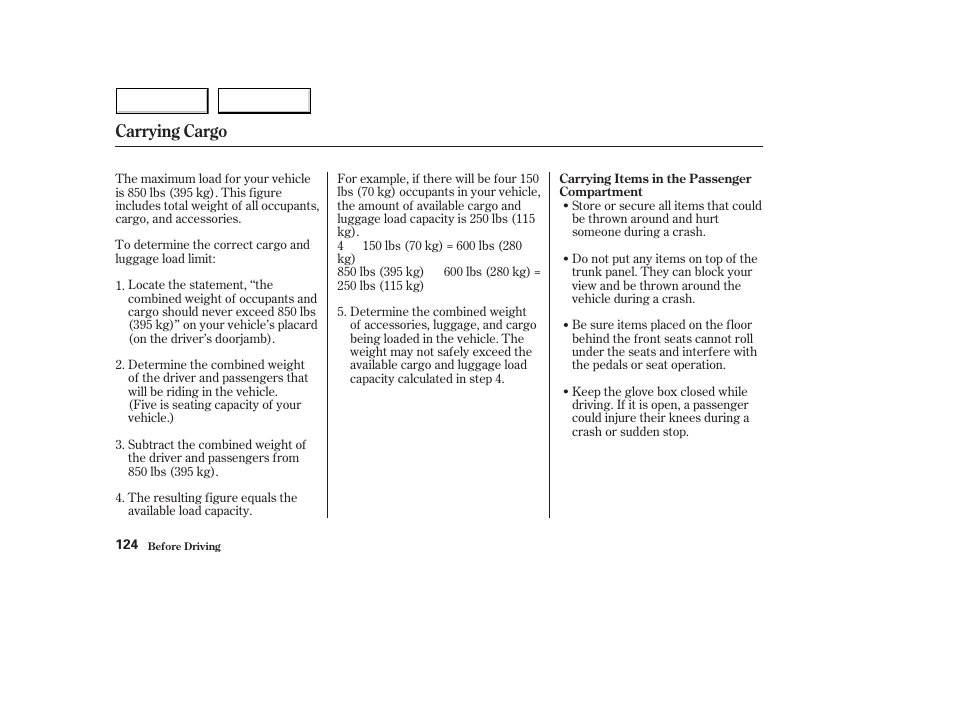 Carrying cargo | HONDA 2004 Civic Hybrid - Owner's Manual User Manual | Page 127 / 231