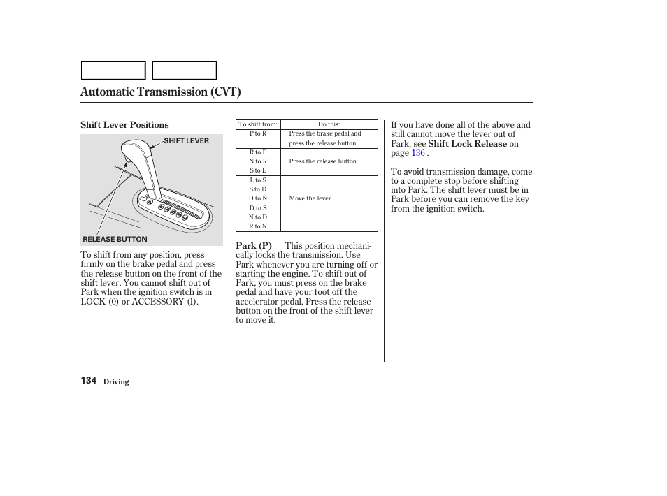 Automatic transmission (cvt) | HONDA 2004 Civic Hybrid - Owner's Manual User Manual | Page 137 / 231