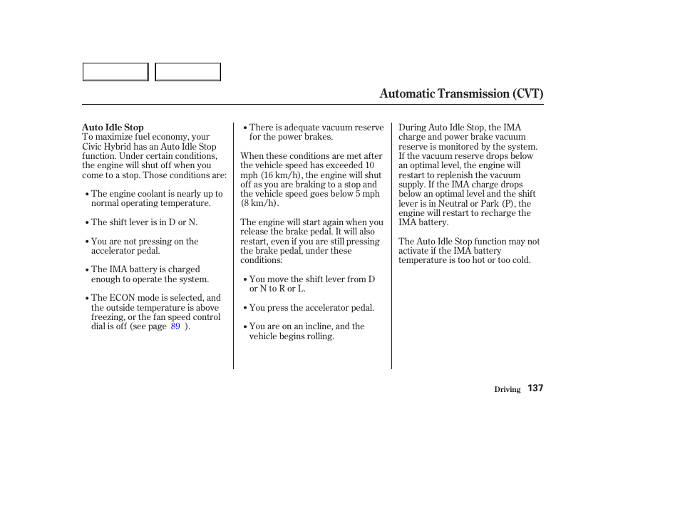 Automatic transmission (cvt) | HONDA 2004 Civic Hybrid - Owner's Manual User Manual | Page 140 / 231