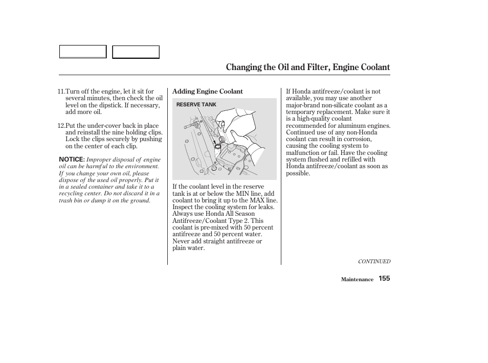 Changing the oil and filter, engine coolant | HONDA 2004 Civic Hybrid - Owner's Manual User Manual | Page 158 / 231