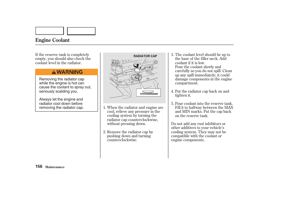 Engine coolant | HONDA 2004 Civic Hybrid - Owner's Manual User Manual | Page 159 / 231