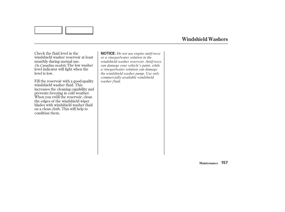 Windshield washers | HONDA 2004 Civic Hybrid - Owner's Manual User Manual | Page 160 / 231