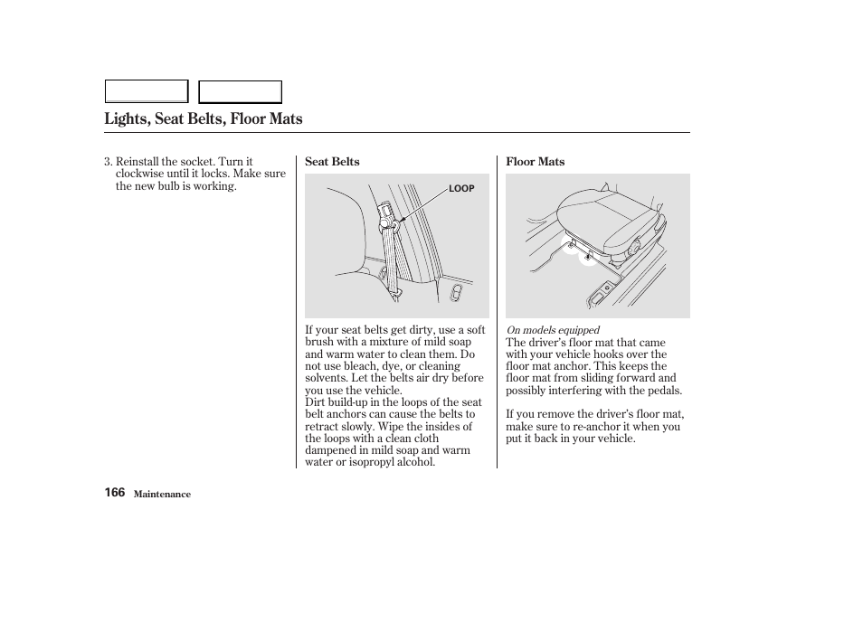 Lights, seat belts, floor mats | HONDA 2004 Civic Hybrid - Owner's Manual User Manual | Page 169 / 231