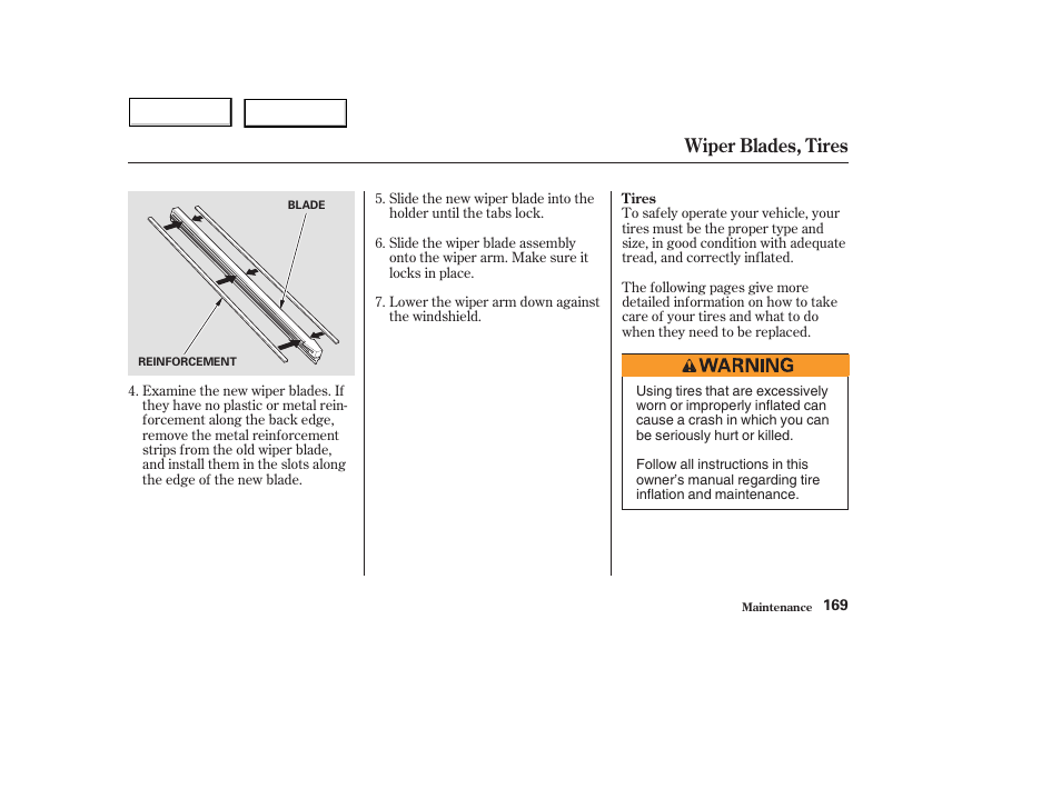 Wiper blades, tires | HONDA 2004 Civic Hybrid - Owner's Manual User Manual | Page 172 / 231