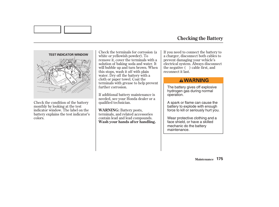 Checking the battery | HONDA 2004 Civic Hybrid - Owner's Manual User Manual | Page 178 / 231