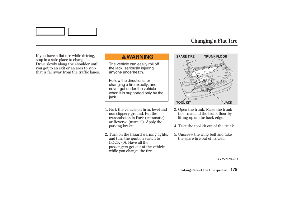 Changing a flat tire | HONDA 2004 Civic Hybrid - Owner's Manual User Manual | Page 182 / 231