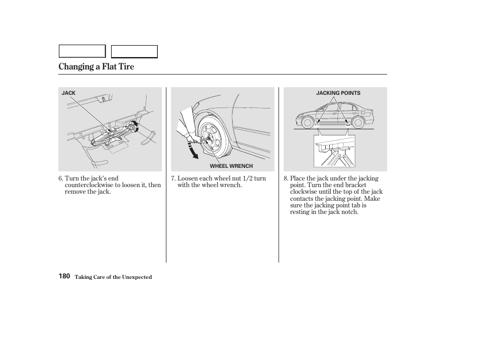 Changing a flat tire | HONDA 2004 Civic Hybrid - Owner's Manual User Manual | Page 183 / 231