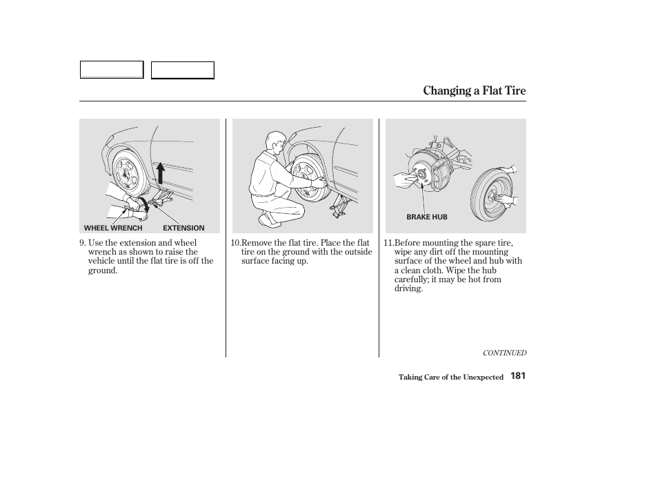 Changing a flat tire | HONDA 2004 Civic Hybrid - Owner's Manual User Manual | Page 184 / 231