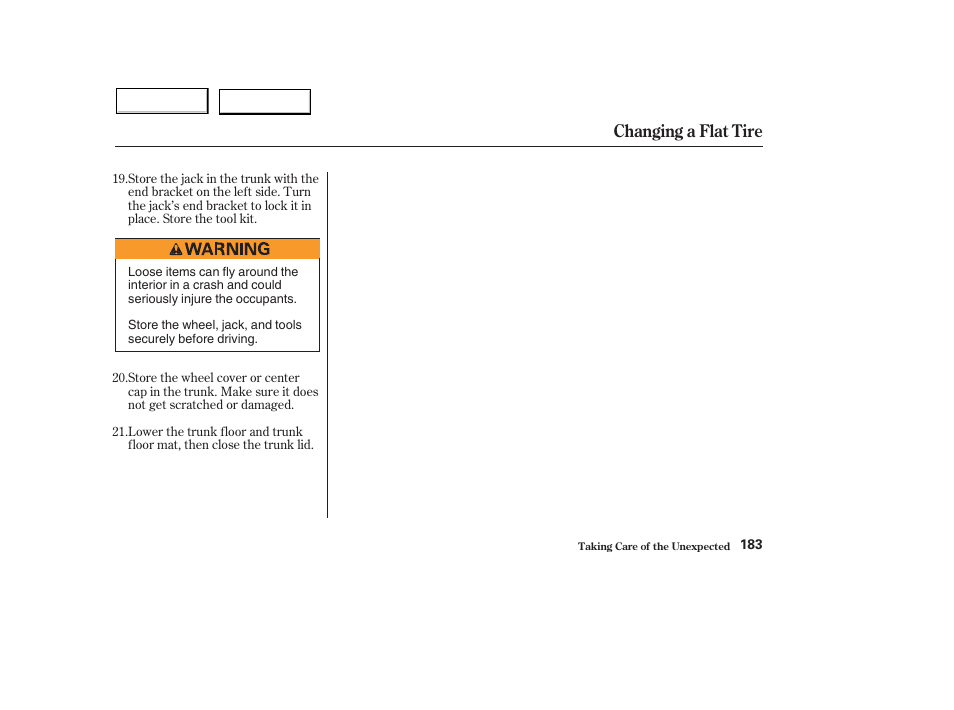 Changing a flat tire | HONDA 2004 Civic Hybrid - Owner's Manual User Manual | Page 186 / 231