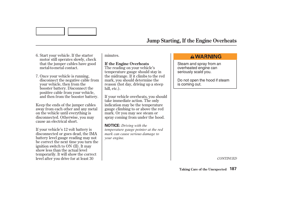 Jump starting, if the engine overheats | HONDA 2004 Civic Hybrid - Owner's Manual User Manual | Page 190 / 231