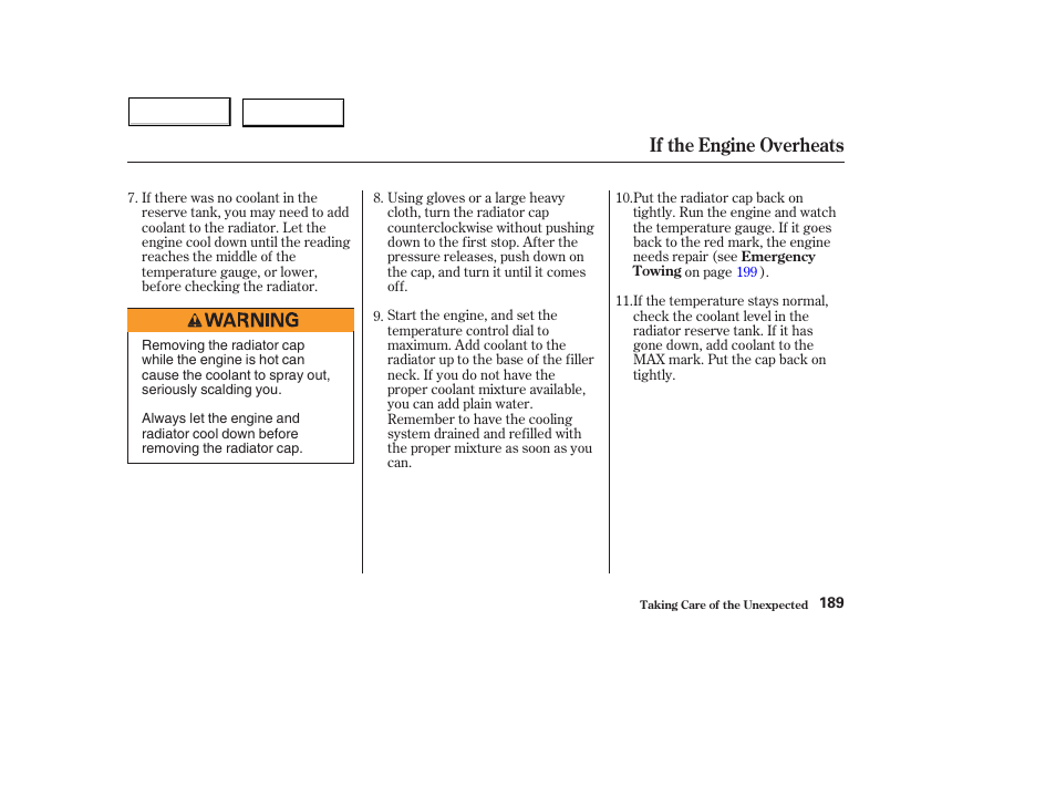 If the engine overheats | HONDA 2004 Civic Hybrid - Owner's Manual User Manual | Page 192 / 231