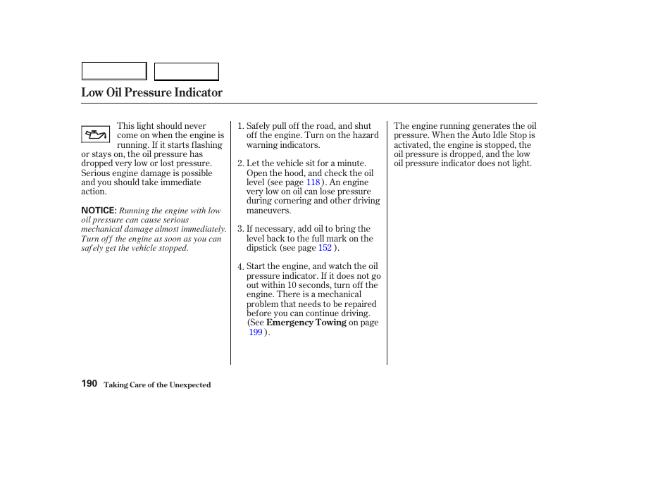 Low oil pressure indicator | HONDA 2004 Civic Hybrid - Owner's Manual User Manual | Page 193 / 231