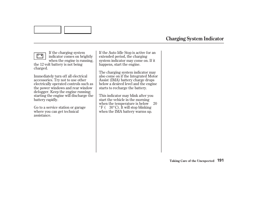 Charging system indicator | HONDA 2004 Civic Hybrid - Owner's Manual User Manual | Page 194 / 231