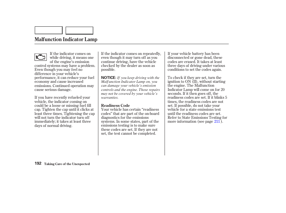 Malfunction indicator lamp | HONDA 2004 Civic Hybrid - Owner's Manual User Manual | Page 195 / 231