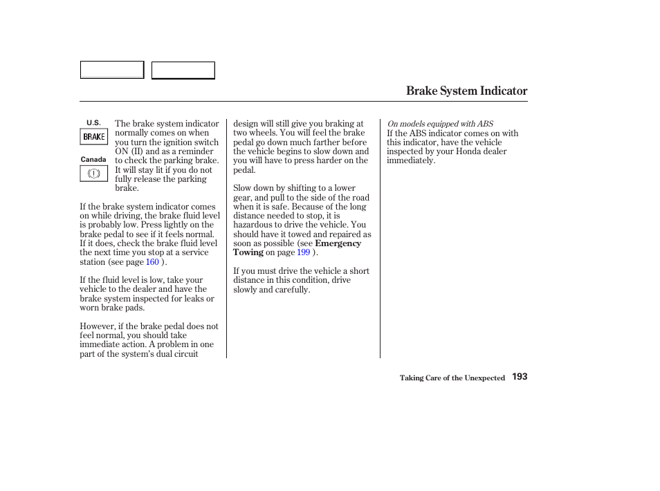 Brake system indicator | HONDA 2004 Civic Hybrid - Owner's Manual User Manual | Page 196 / 231