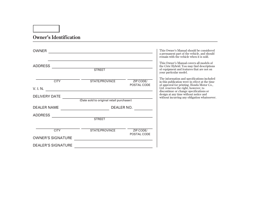 Owner's identification form, Owner’s identification | HONDA 2004 Civic Hybrid - Owner's Manual User Manual | Page 2 / 231