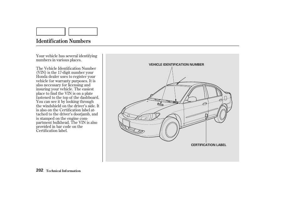 Identification numbers | HONDA 2004 Civic Hybrid - Owner's Manual User Manual | Page 205 / 231