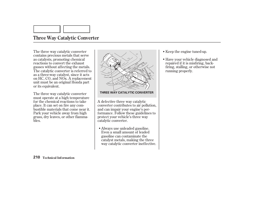 Three way catalytic converter | HONDA 2004 Civic Hybrid - Owner's Manual User Manual | Page 213 / 231