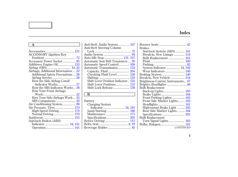 Index | HONDA 2004 Civic Hybrid - Owner's Manual User Manual | Page 222 / 231